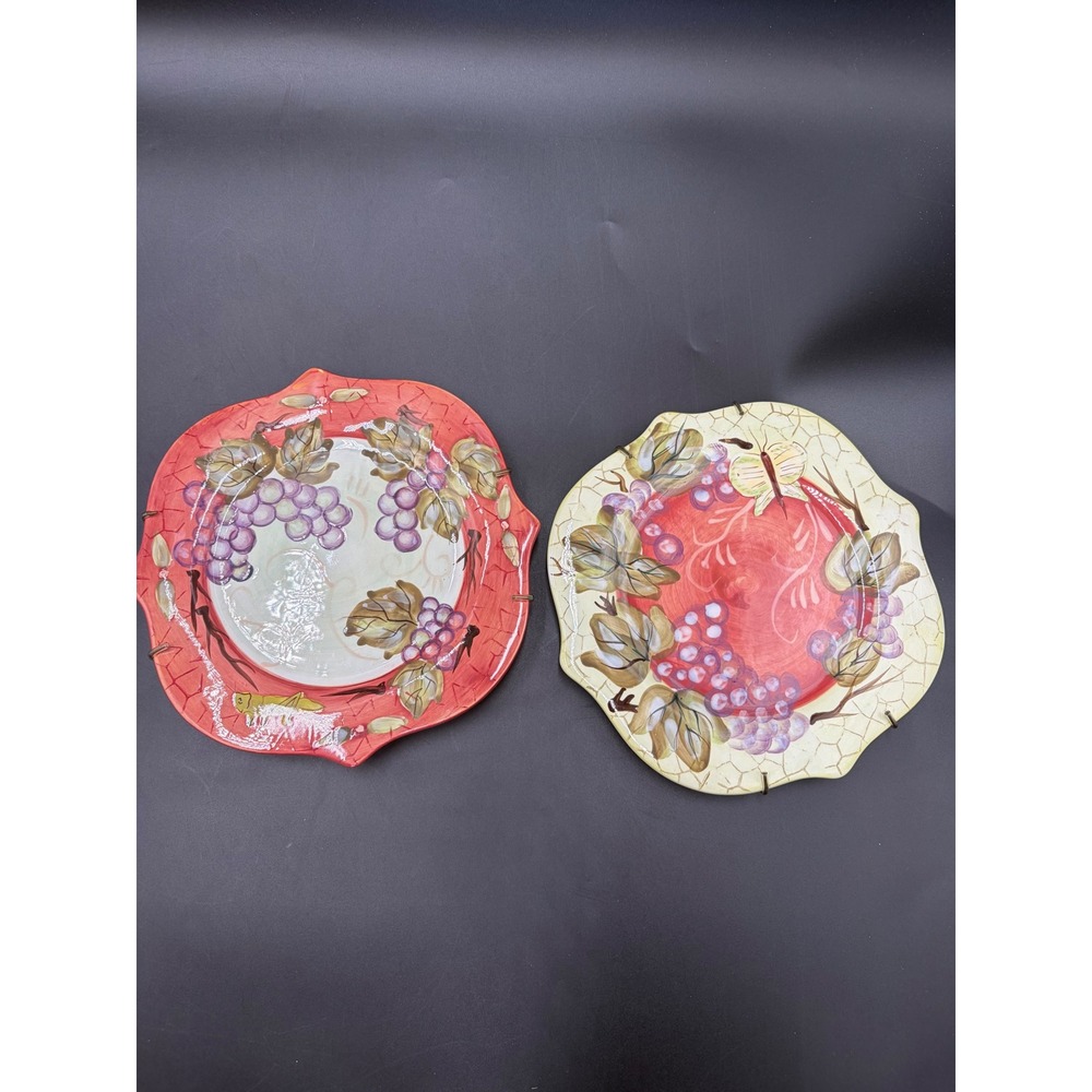 Tuscany Set of 2 Hand Painted Ceramic Grape‎ Decorative Plates Scalloped Edge
